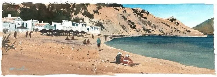 Obraz namalowany w plenerze w Javea - w Hiszpanii - przedstawiający plażę, morze i białe domki na tle piaszczystej góry