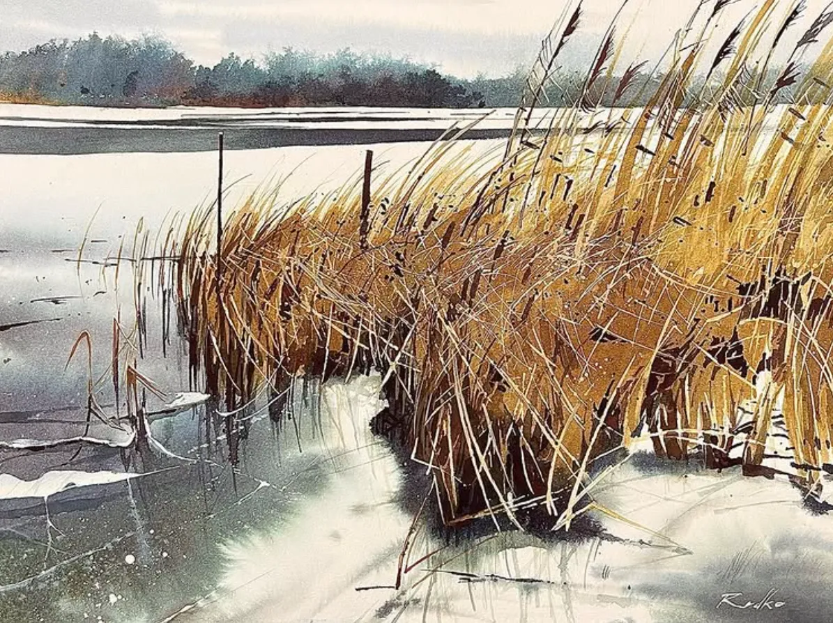 Watercolor depicting dry grasses on a frozen lake shore
